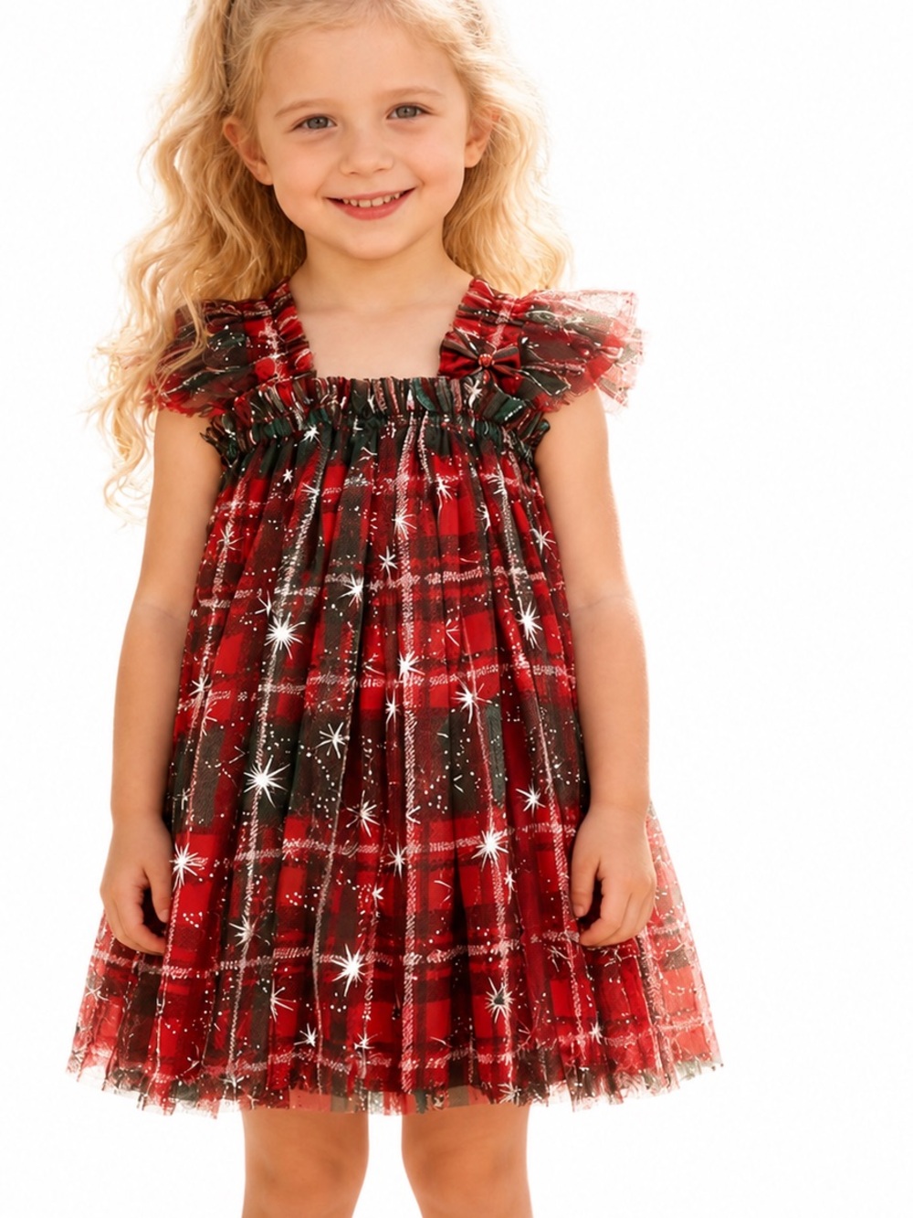 NWOT Girls Red Plaid Tulle Dress with Sparkle Star Accents, 3T